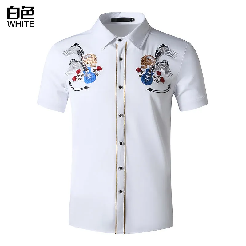 Men Turnover Collar Embroidery Skeleton Short Sleeves Shirt