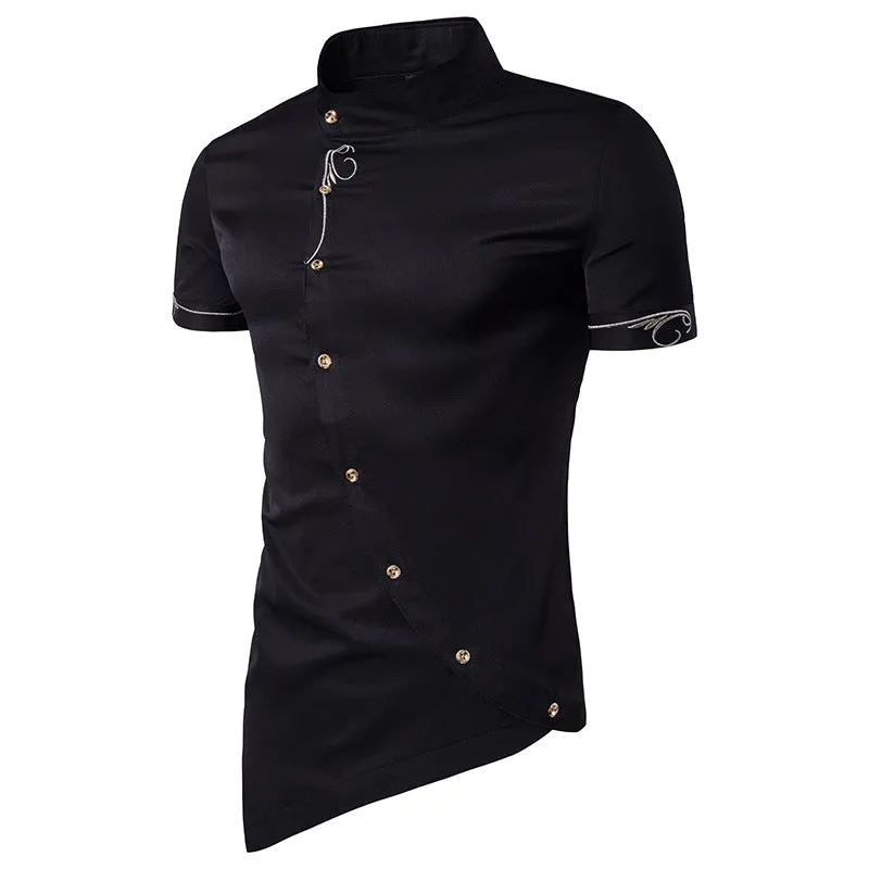 Men Turtleneck Incline Embroidery Short Sleeves Shirt