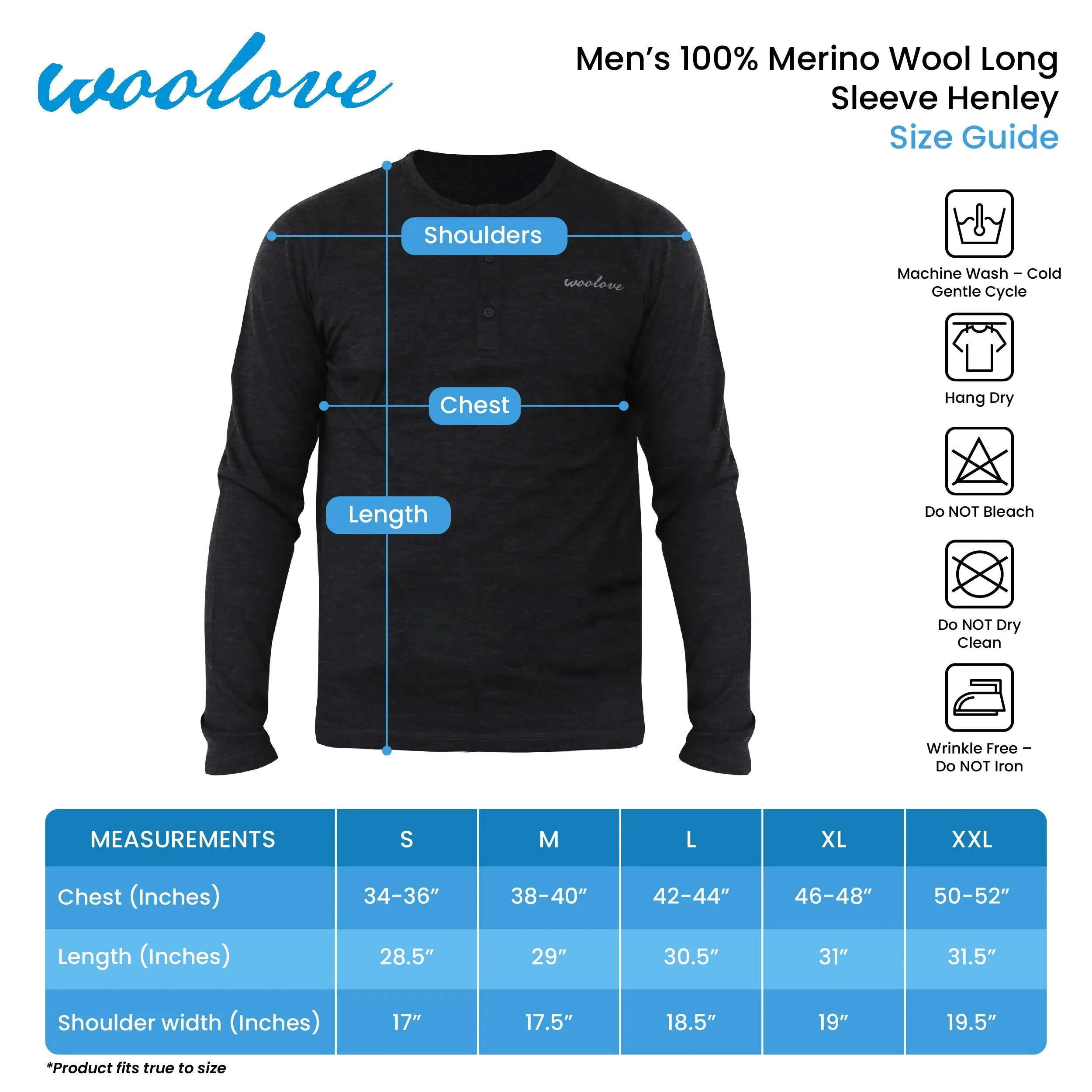 Men's 100% Merino Wool Long Sleeve Henley 190 GSM