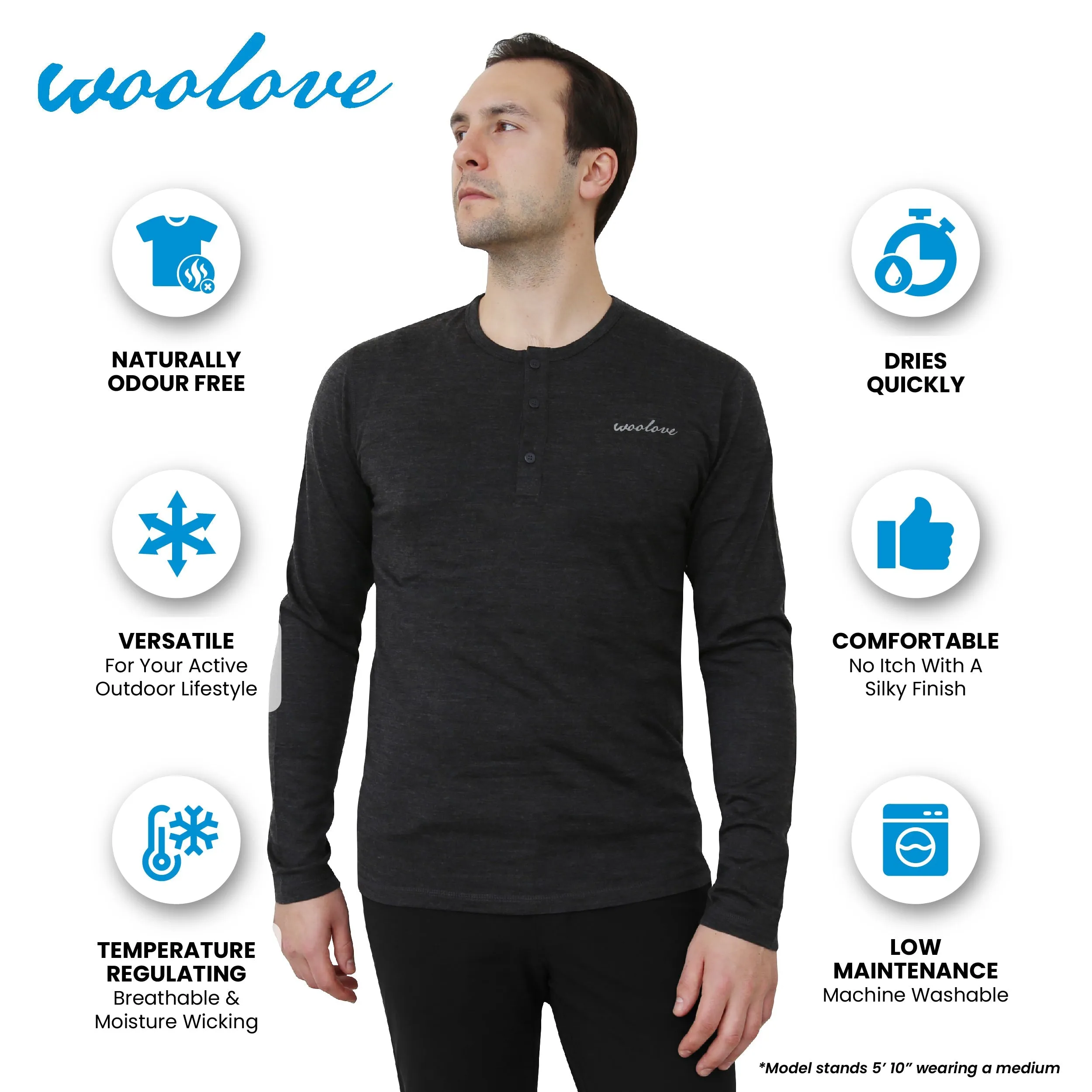 Men's 100% Merino Wool Long Sleeve Henley 190 GSM