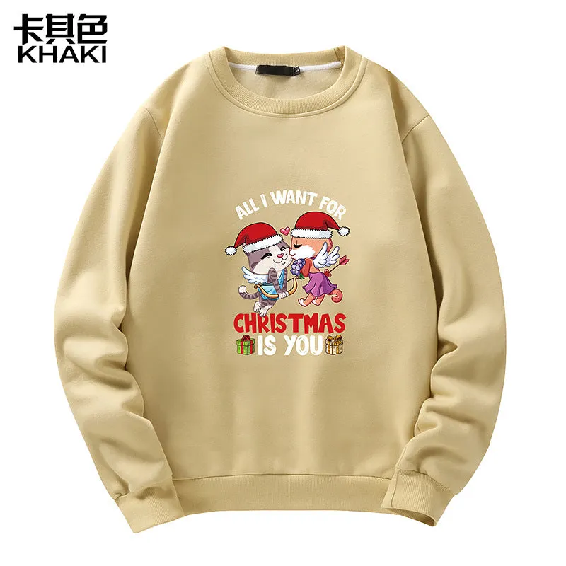 Men's Christmas Cat Print Crew Neck Sweatshirt