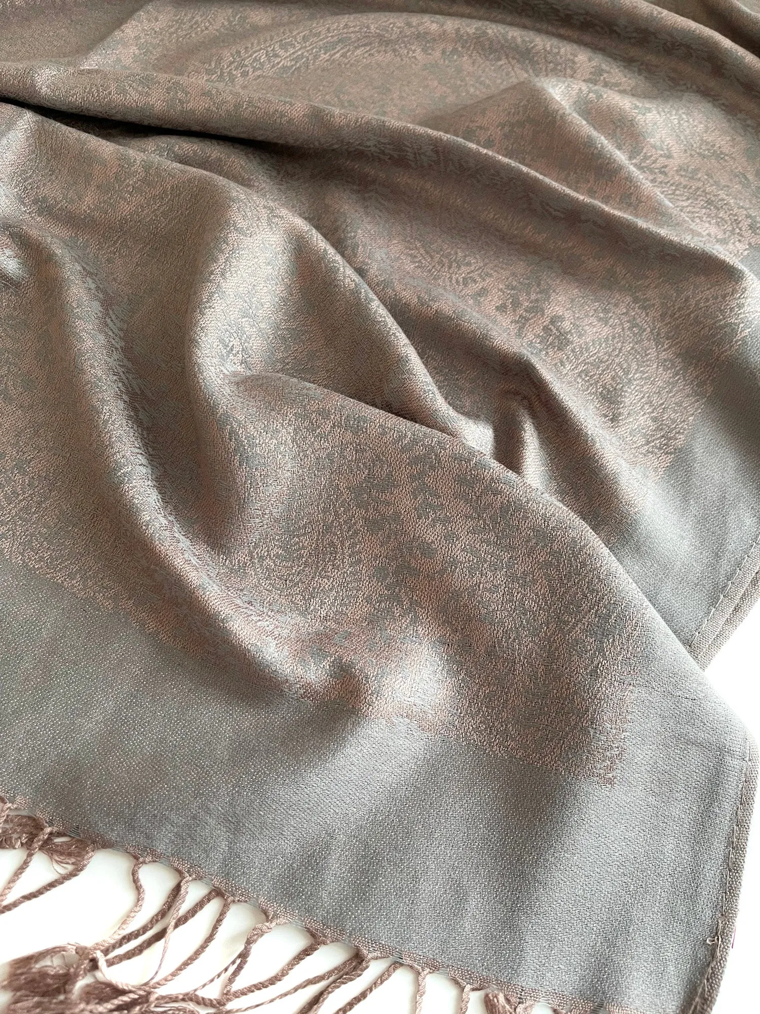 MOCHA GREY PAISLEY PRINT REVERSIBLE PASHMINA SHAWL SCARF