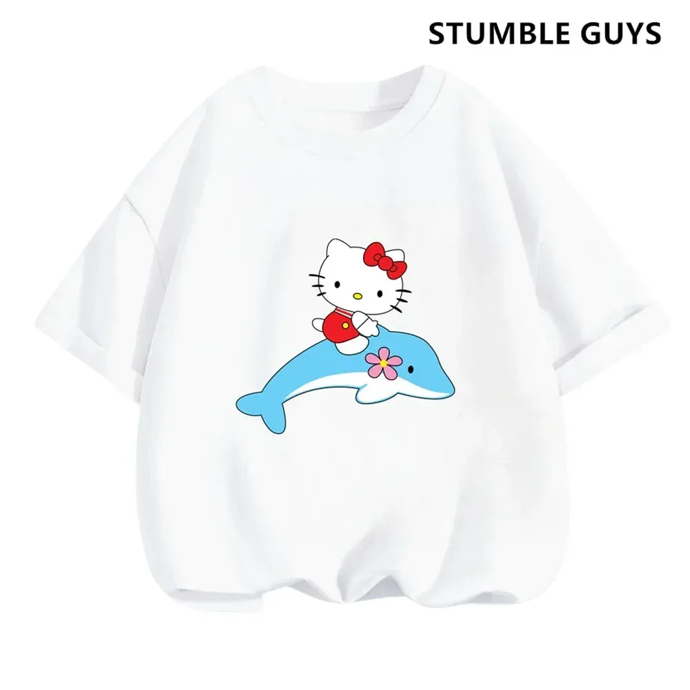 New 3-14 Years Children Short Sleeves T-shirt Cartoon Hello Kitty Tshirt Girls Tops Kids Baby Boys Clothes Men Women Tshirt Set