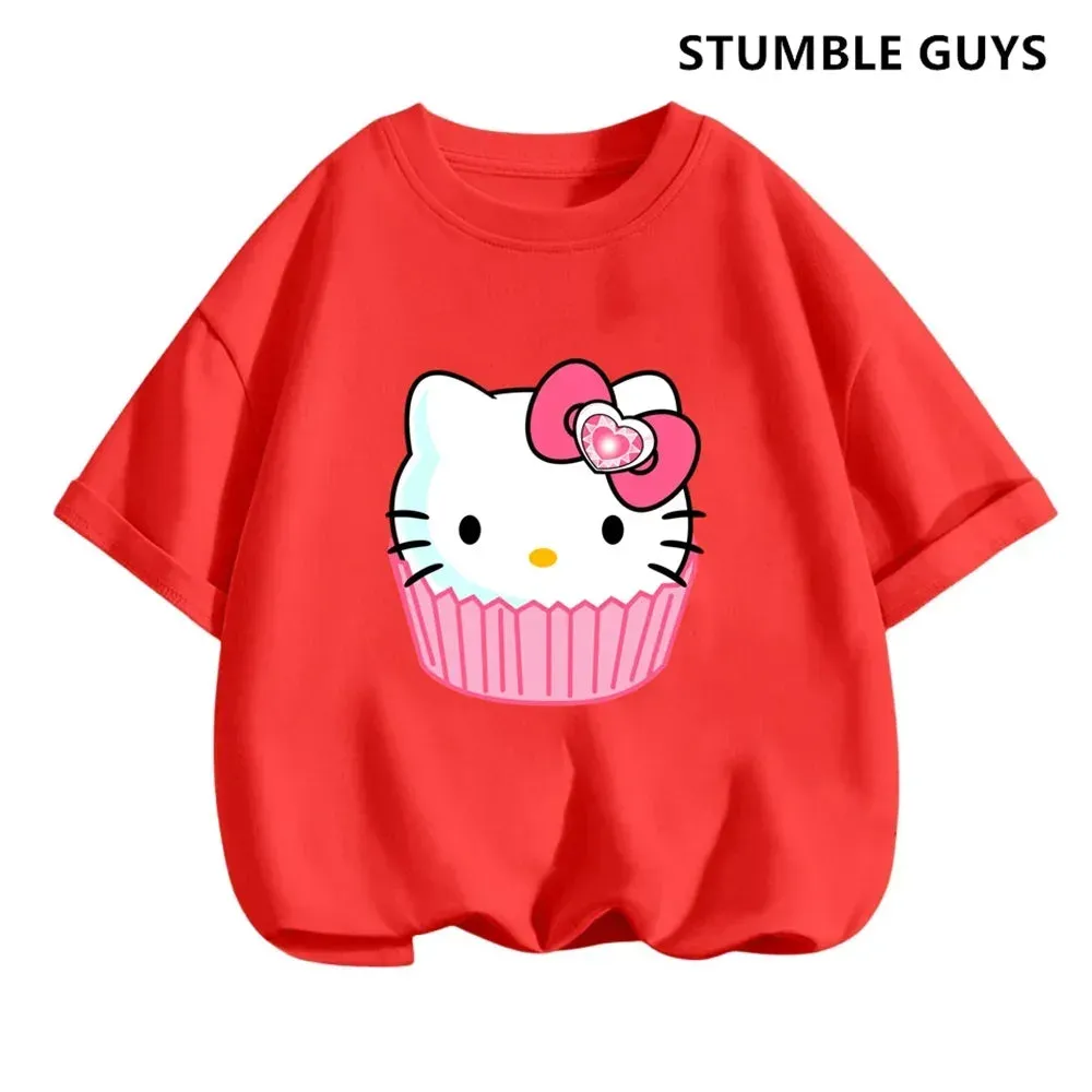 New 3-14 Years Children Short Sleeves T-shirt Cartoon Hello Kitty Tshirt Girls Tops Kids Baby Boys Clothes Men Women Tshirt Set