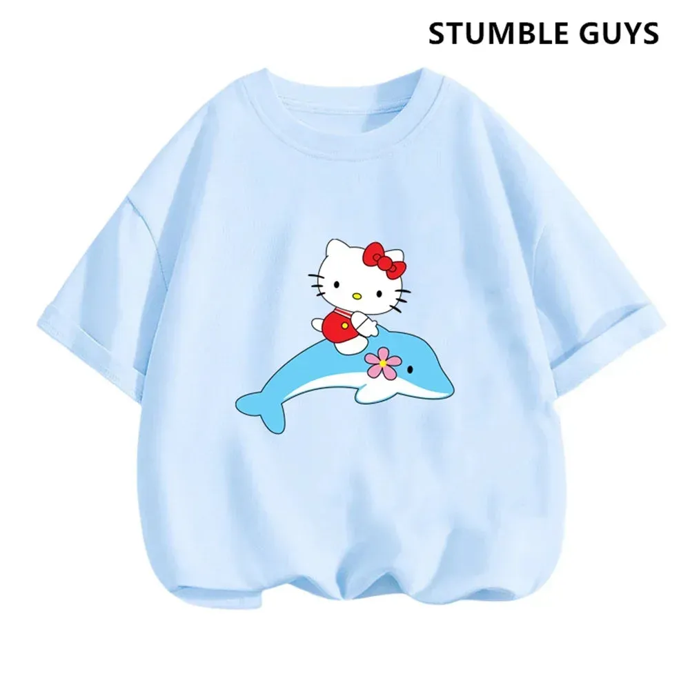 New 3-14 Years Children Short Sleeves T-shirt Cartoon Hello Kitty Tshirt Girls Tops Kids Baby Boys Clothes Men Women Tshirt Set