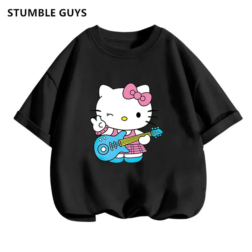 New 3-14 Years Children Short Sleeves T-shirt Cartoon Hello Kitty Tshirt Girls Tops Kids Baby Boys Clothes Men Women Tshirt Set