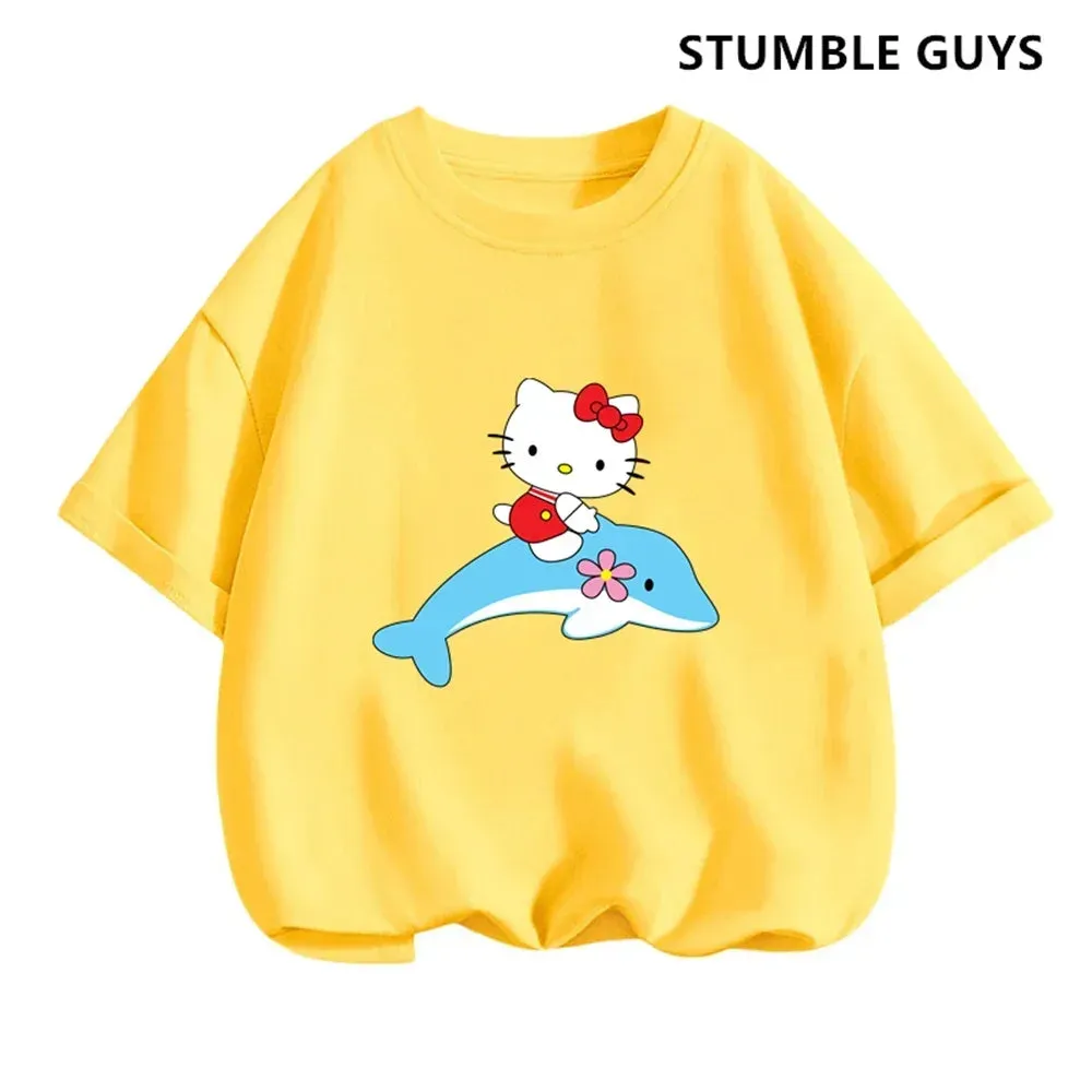 New 3-14 Years Children Short Sleeves T-shirt Cartoon Hello Kitty Tshirt Girls Tops Kids Baby Boys Clothes Men Women Tshirt Set