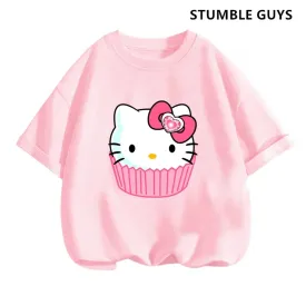 New 3-14 Years Children Short Sleeves T-shirt Cartoon Hello Kitty Tshirt Girls Tops Kids Baby Boys Clothes Men Women Tshirt Set