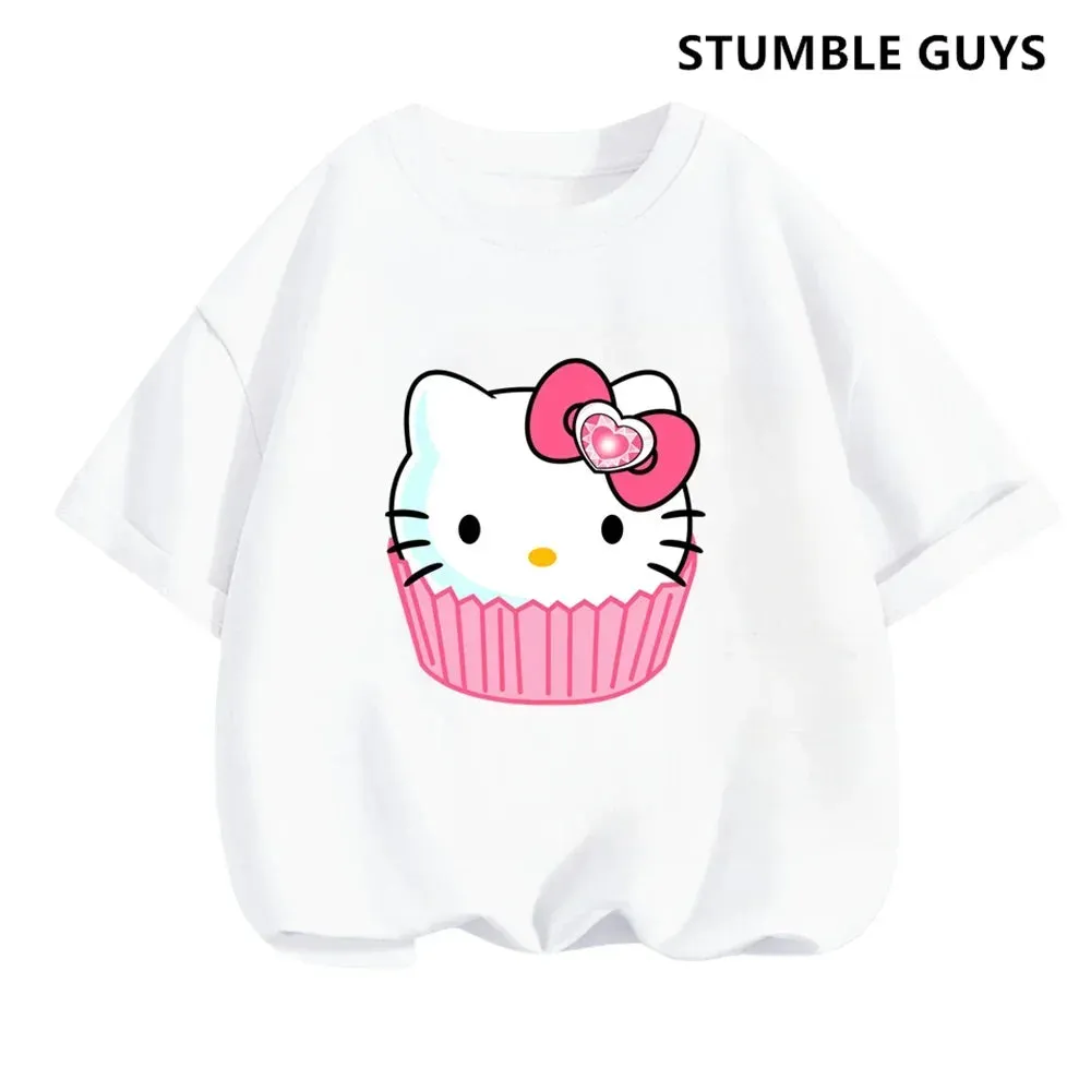 New 3-14 Years Children Short Sleeves T-shirt Cartoon Hello Kitty Tshirt Girls Tops Kids Baby Boys Clothes Men Women Tshirt Set