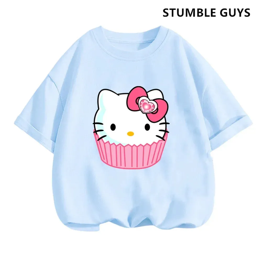 New 3-14 Years Children Short Sleeves T-shirt Cartoon Hello Kitty Tshirt Girls Tops Kids Baby Boys Clothes Men Women Tshirt Set