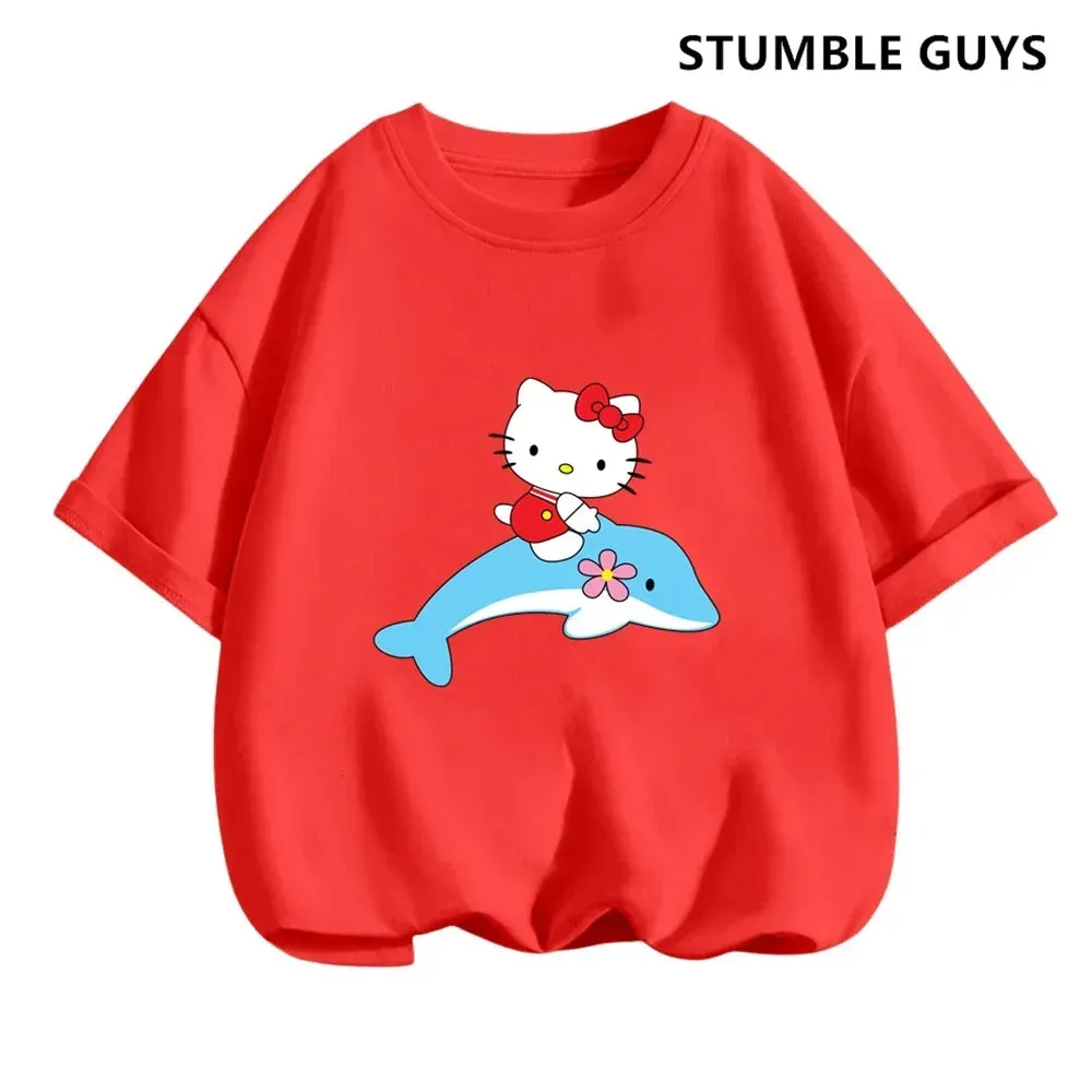 New 3-14 Years Children Short Sleeves T-shirt Cartoon Hello Kitty Tshirt Girls Tops Kids Baby Boys Clothes Men Women Tshirt Set