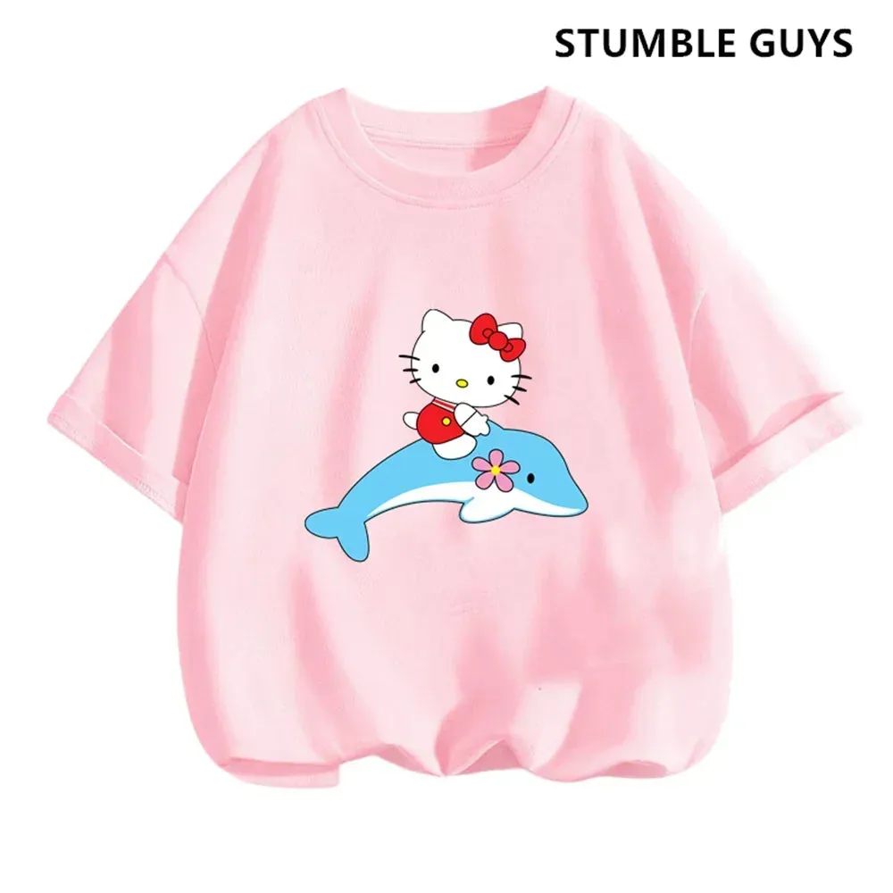 New 3-14 Years Children Short Sleeves T-shirt Cartoon Hello Kitty Tshirt Girls Tops Kids Baby Boys Clothes Men Women Tshirt Set