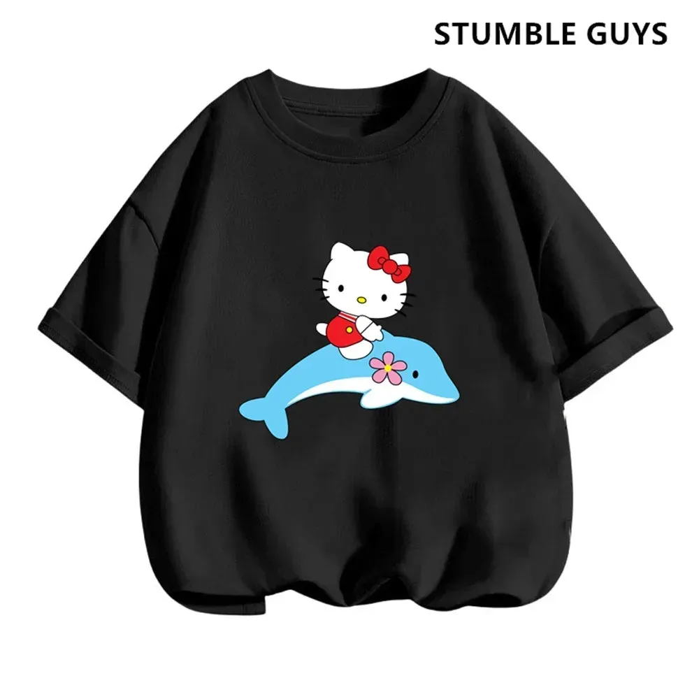 New 3-14 Years Children Short Sleeves T-shirt Cartoon Hello Kitty Tshirt Girls Tops Kids Baby Boys Clothes Men Women Tshirt Set