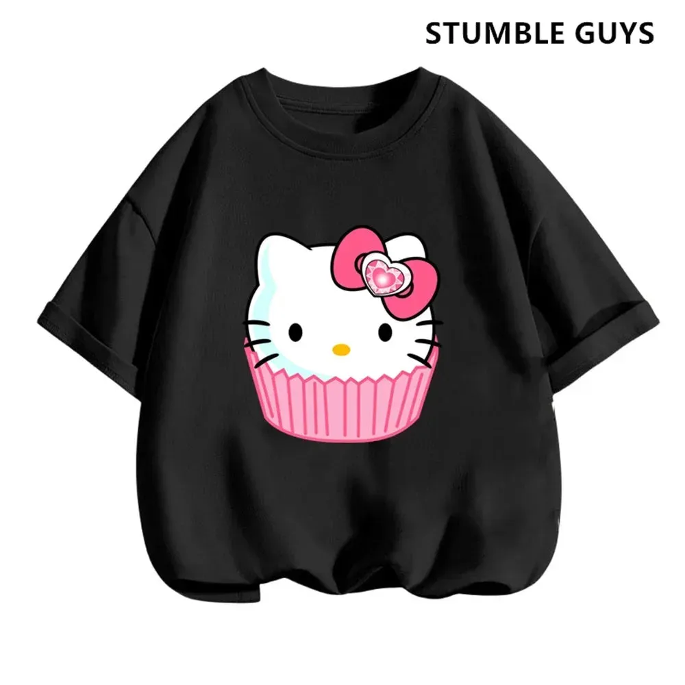 New 3-14 Years Children Short Sleeves T-shirt Cartoon Hello Kitty Tshirt Girls Tops Kids Baby Boys Clothes Men Women Tshirt Set