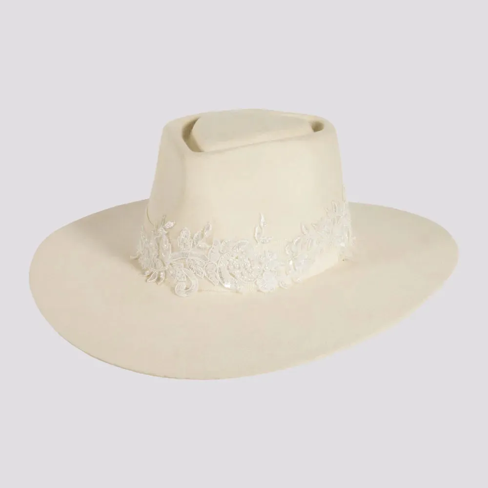 Pearl | Womens Wool Felt Ivory Western Fedora Hat with Pearl Applique