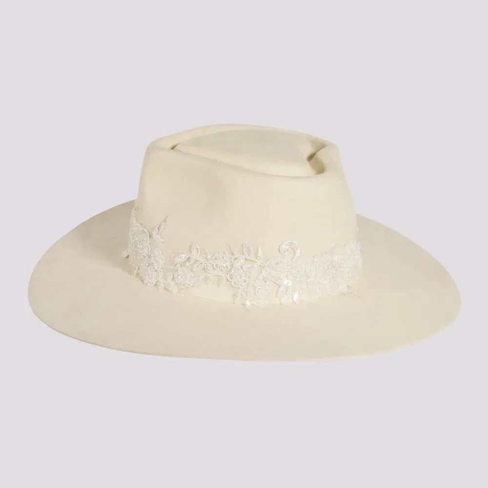 Pearl | Womens Wool Felt Ivory Western Fedora Hat with Pearl Applique