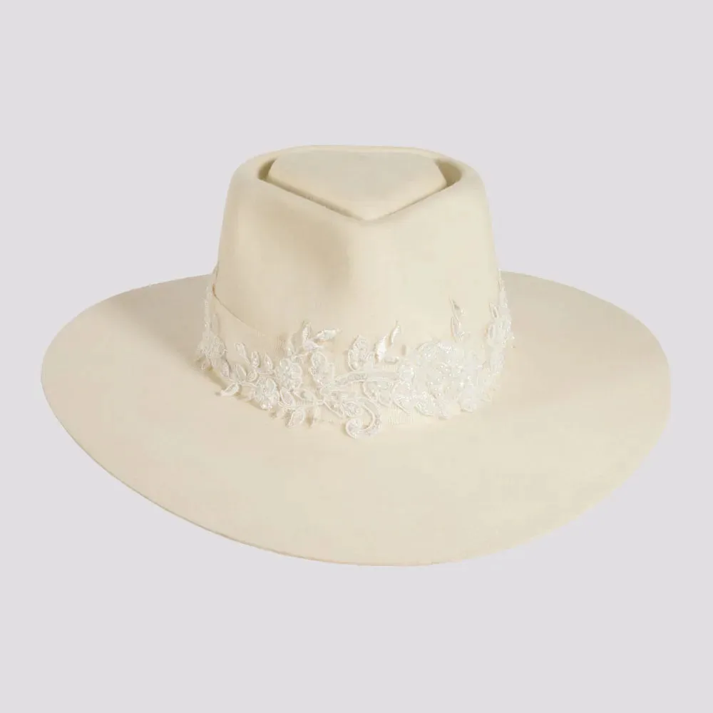 Pearl | Womens Wool Felt Ivory Western Fedora Hat with Pearl Applique