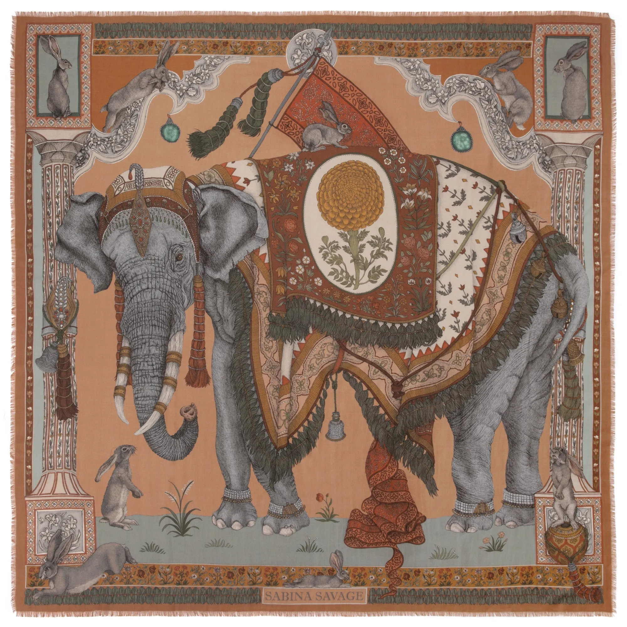 Sabina Savage "The Rabbits and The Elephant" Wool/Silk Scarf Plaster