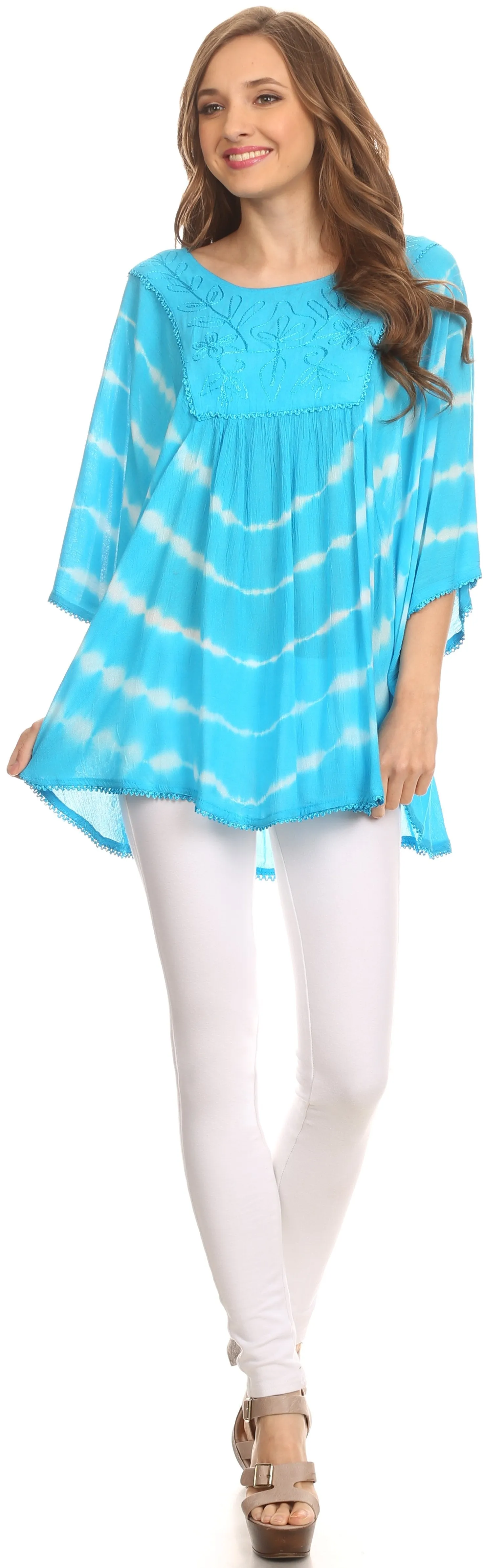 Sakkas Alannis Tie Dye Circle Poncho Top With With Wide Scoop Neck And Embroidery