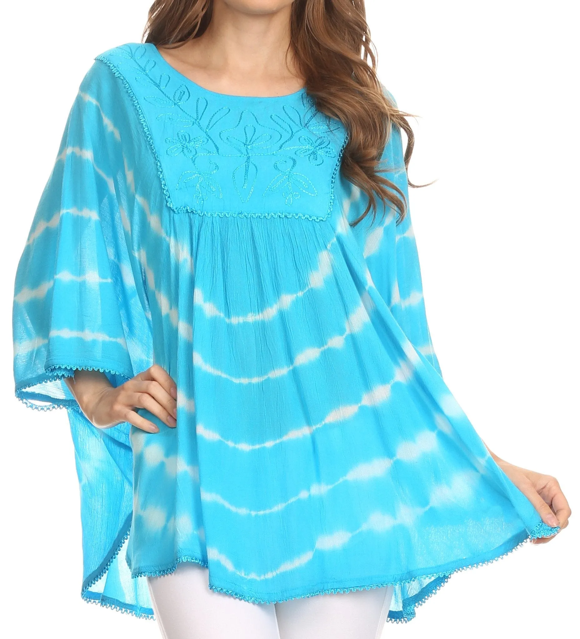 Sakkas Alannis Tie Dye Circle Poncho Top With With Wide Scoop Neck And Embroidery