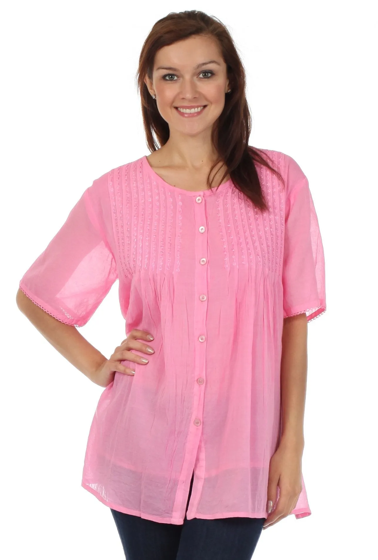 Sakkas Button Down Embroidered Short Sleeve Semi-Sheer Gauzy Cotton Top / Blouse