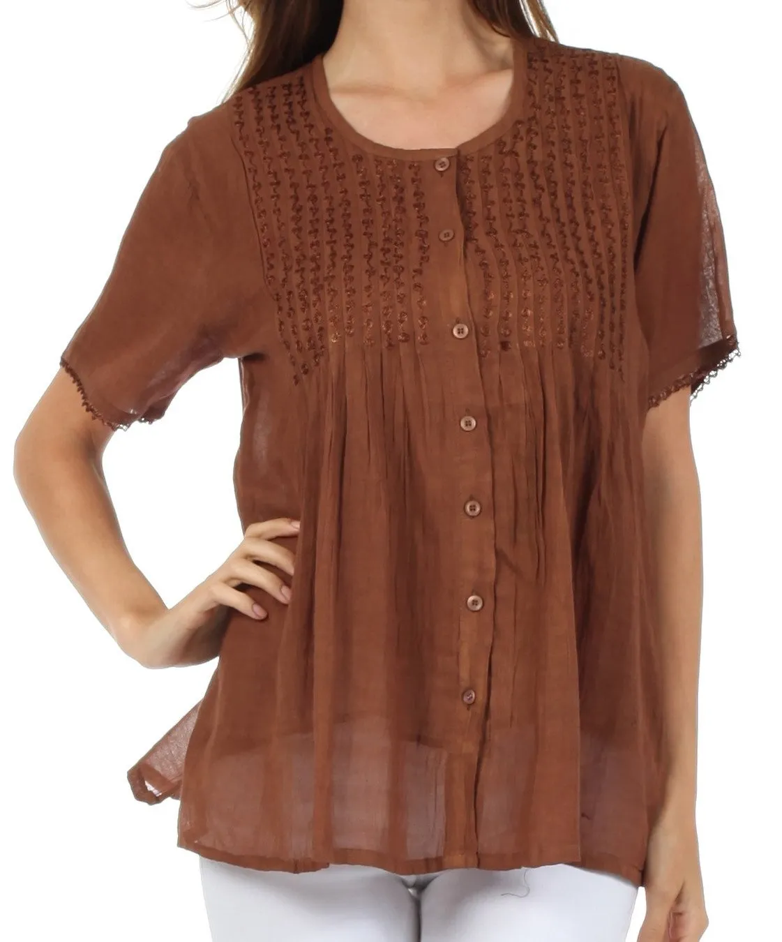 Sakkas Button Down Embroidered Short Sleeve Semi-Sheer Gauzy Cotton Top / Blouse