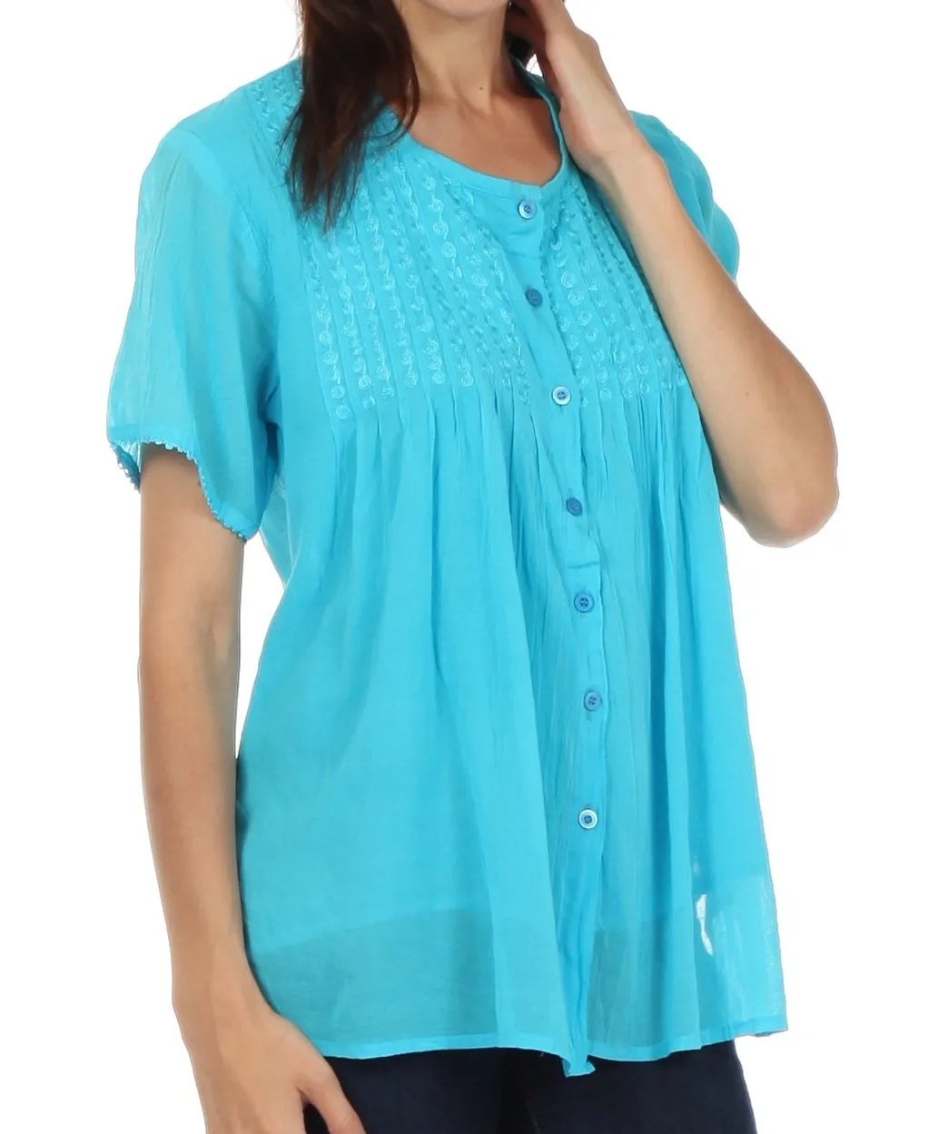 Sakkas Button Down Embroidered Short Sleeve Semi-Sheer Gauzy Cotton Top / Blouse