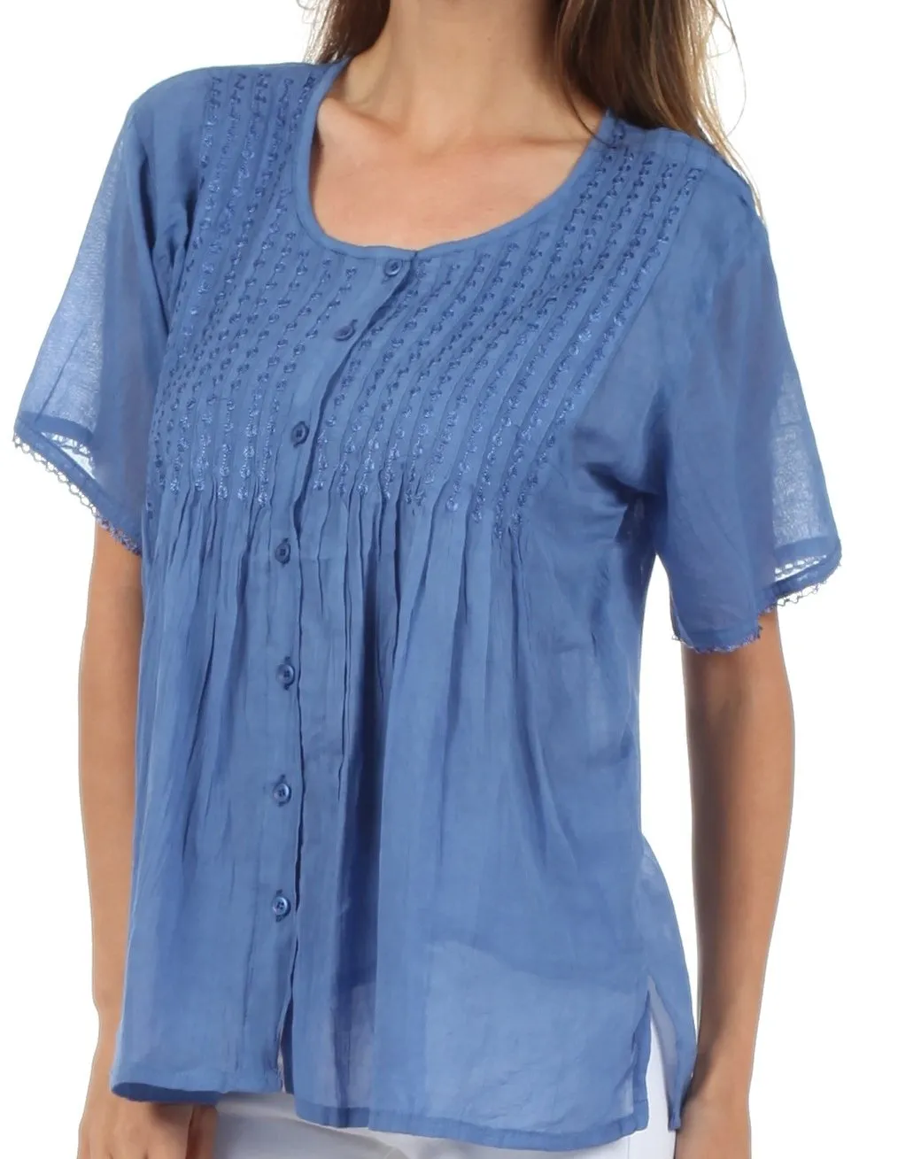 Sakkas Button Down Embroidered Short Sleeve Semi-Sheer Gauzy Cotton Top / Blouse