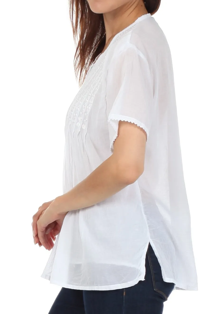 Sakkas Button Down Embroidered Short Sleeve Semi-Sheer Gauzy Cotton Top / Blouse