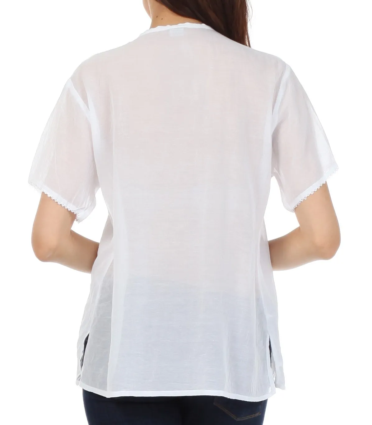 Sakkas Button Down Embroidered Short Sleeve Semi-Sheer Gauzy Cotton Top / Blouse