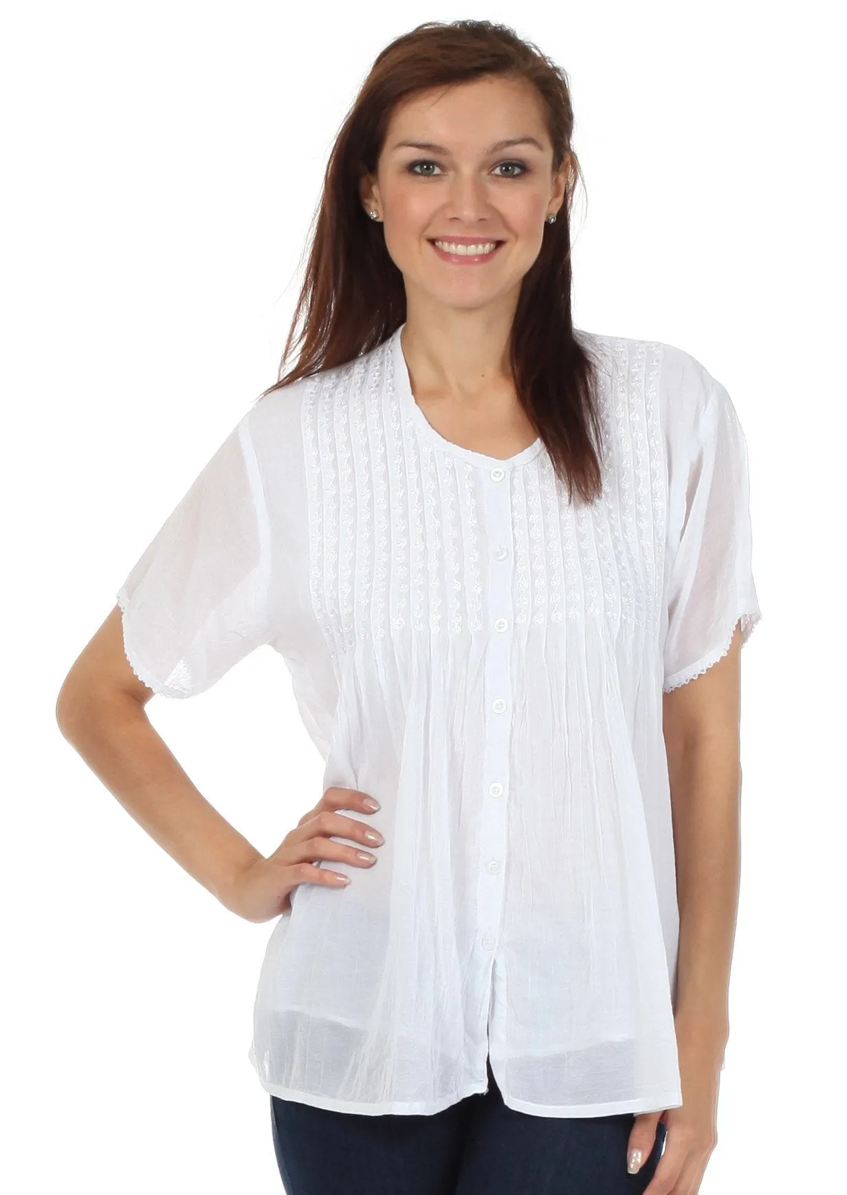 Sakkas Button Down Embroidered Short Sleeve Semi-Sheer Gauzy Cotton Top / Blouse