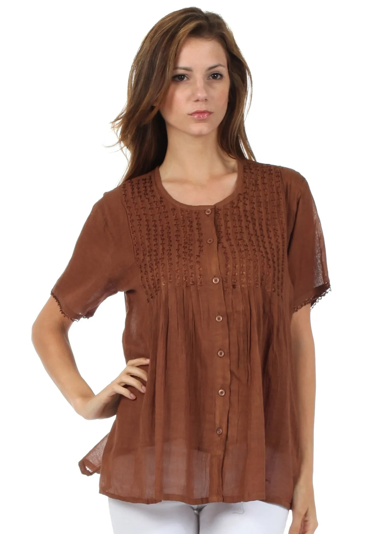 Sakkas Button Down Embroidered Short Sleeve Semi-Sheer Gauzy Cotton Top / Blouse