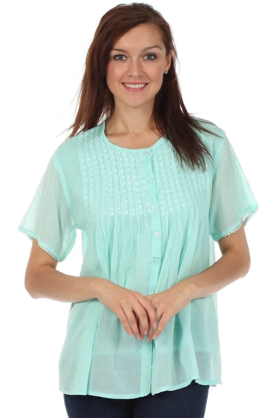 Sakkas Button Down Embroidered Short Sleeve Semi-Sheer Gauzy Cotton Top / Blouse