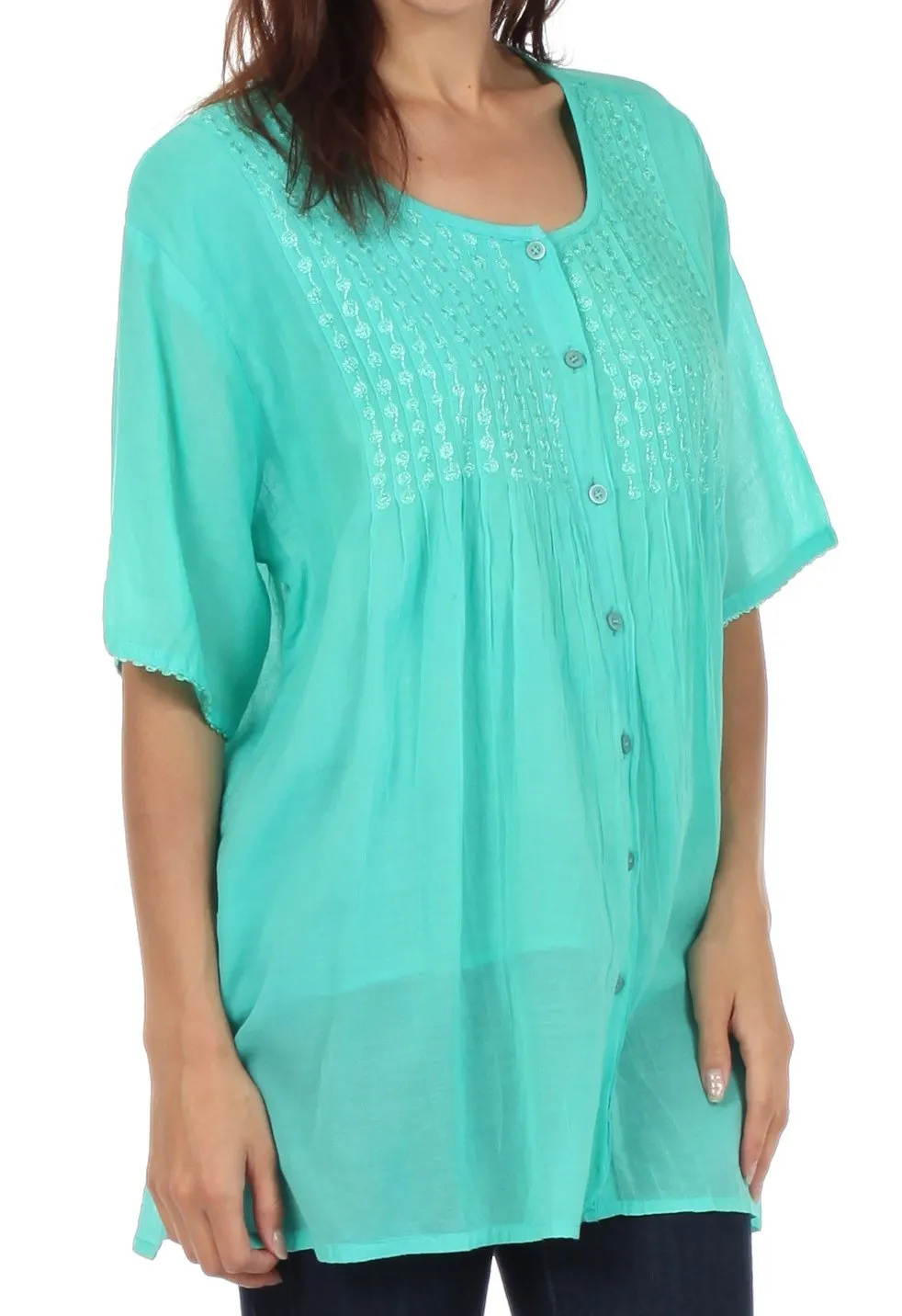 Sakkas Button Down Embroidered Short Sleeve Semi-Sheer Gauzy Cotton Top / Blouse