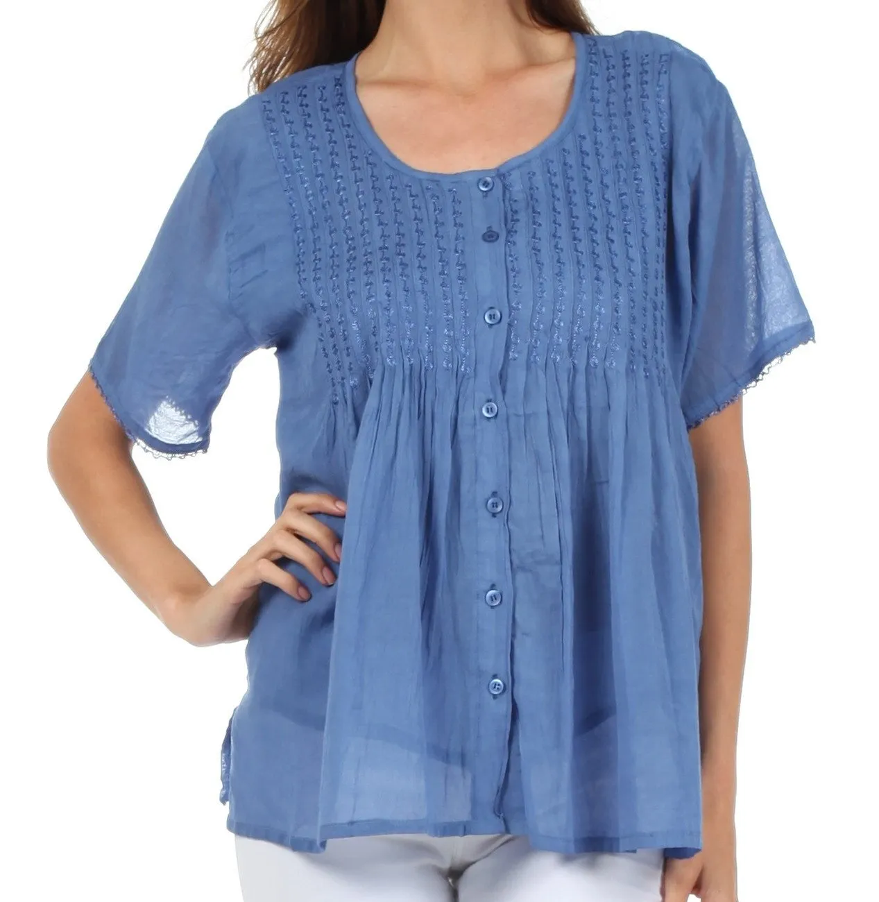 Sakkas Button Down Embroidered Short Sleeve Semi-Sheer Gauzy Cotton Top / Blouse