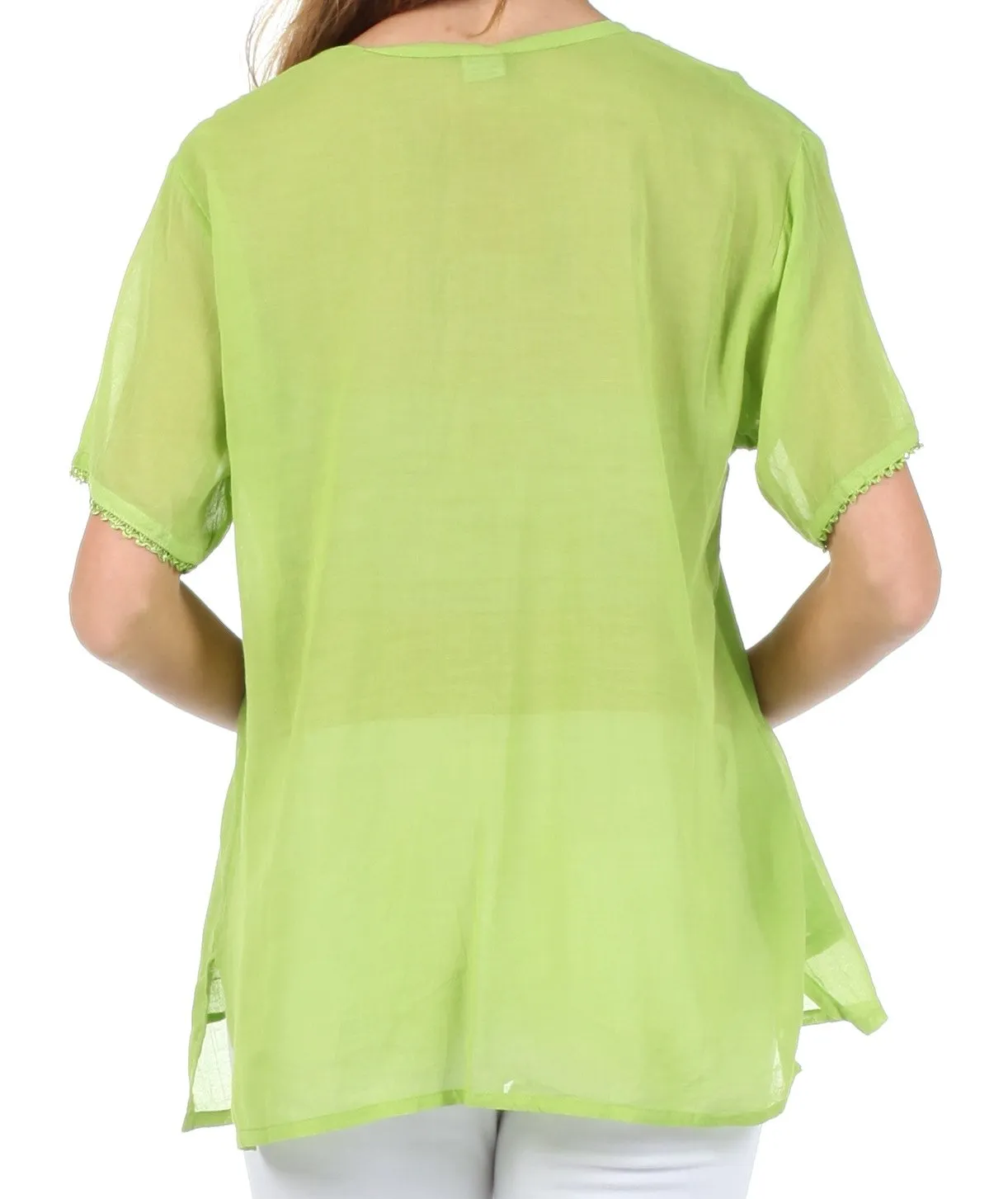 Sakkas Button Down Embroidered Short Sleeve Semi-Sheer Gauzy Cotton Top / Blouse