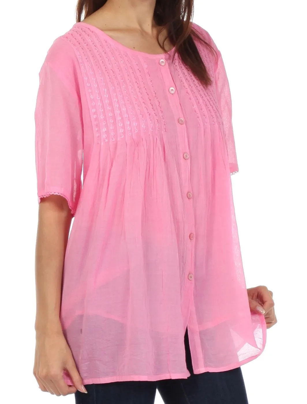 Sakkas Button Down Embroidered Short Sleeve Semi-Sheer Gauzy Cotton Top / Blouse