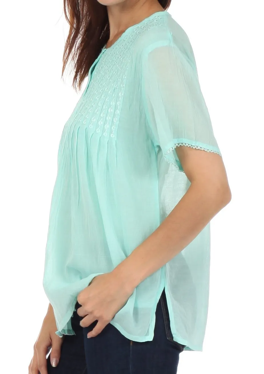 Sakkas Button Down Embroidered Short Sleeve Semi-Sheer Gauzy Cotton Top / Blouse