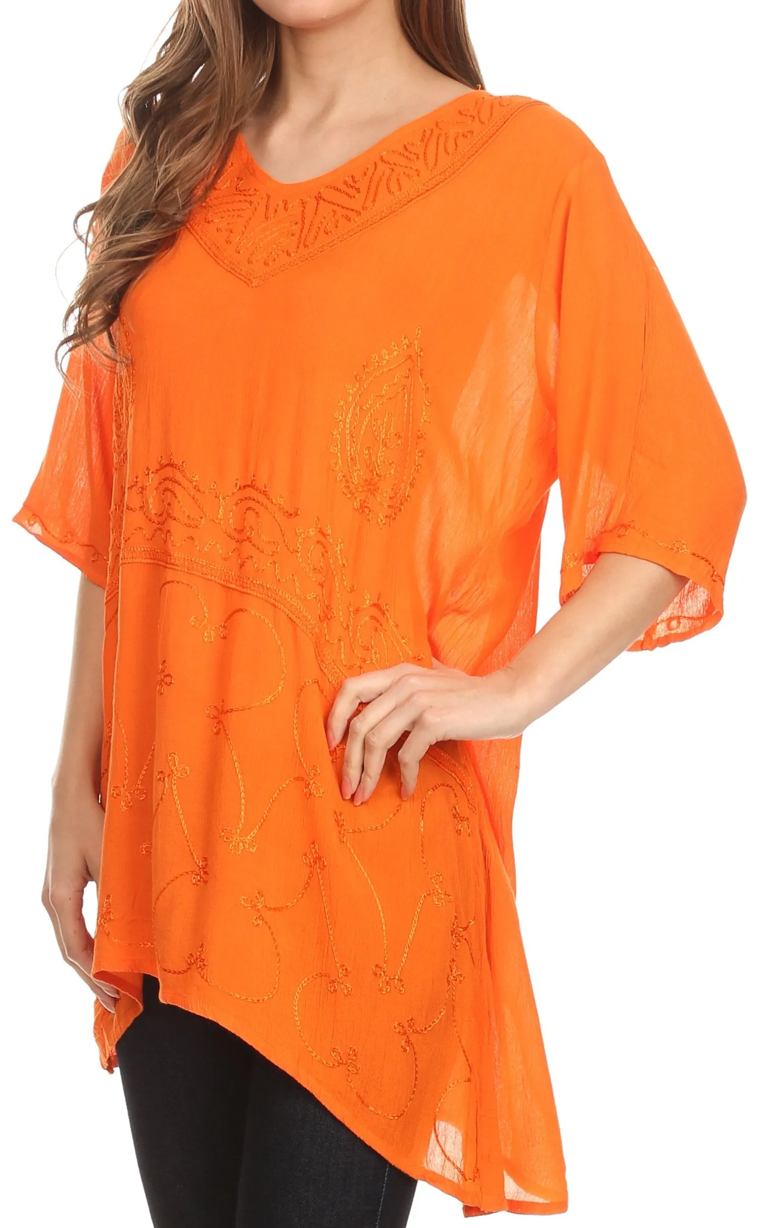 Sakkas Danta Lightweight Embroidered Asymmetrical Blouse With Mid Length Sleeve