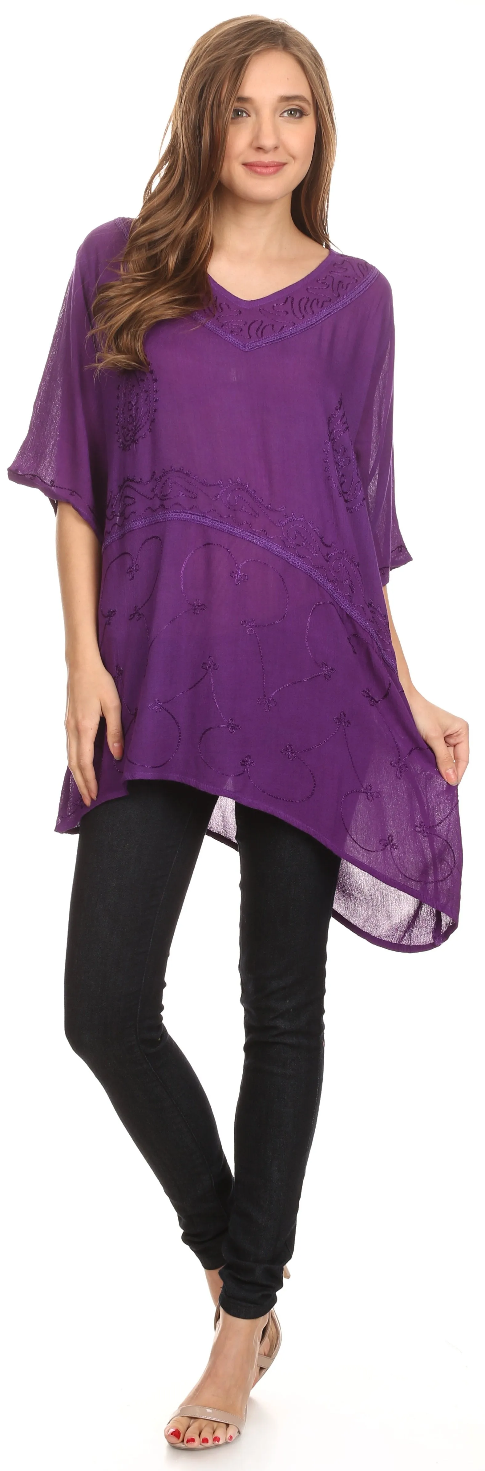 Sakkas Danta Lightweight Embroidered Asymmetrical Blouse With Mid Length Sleeve