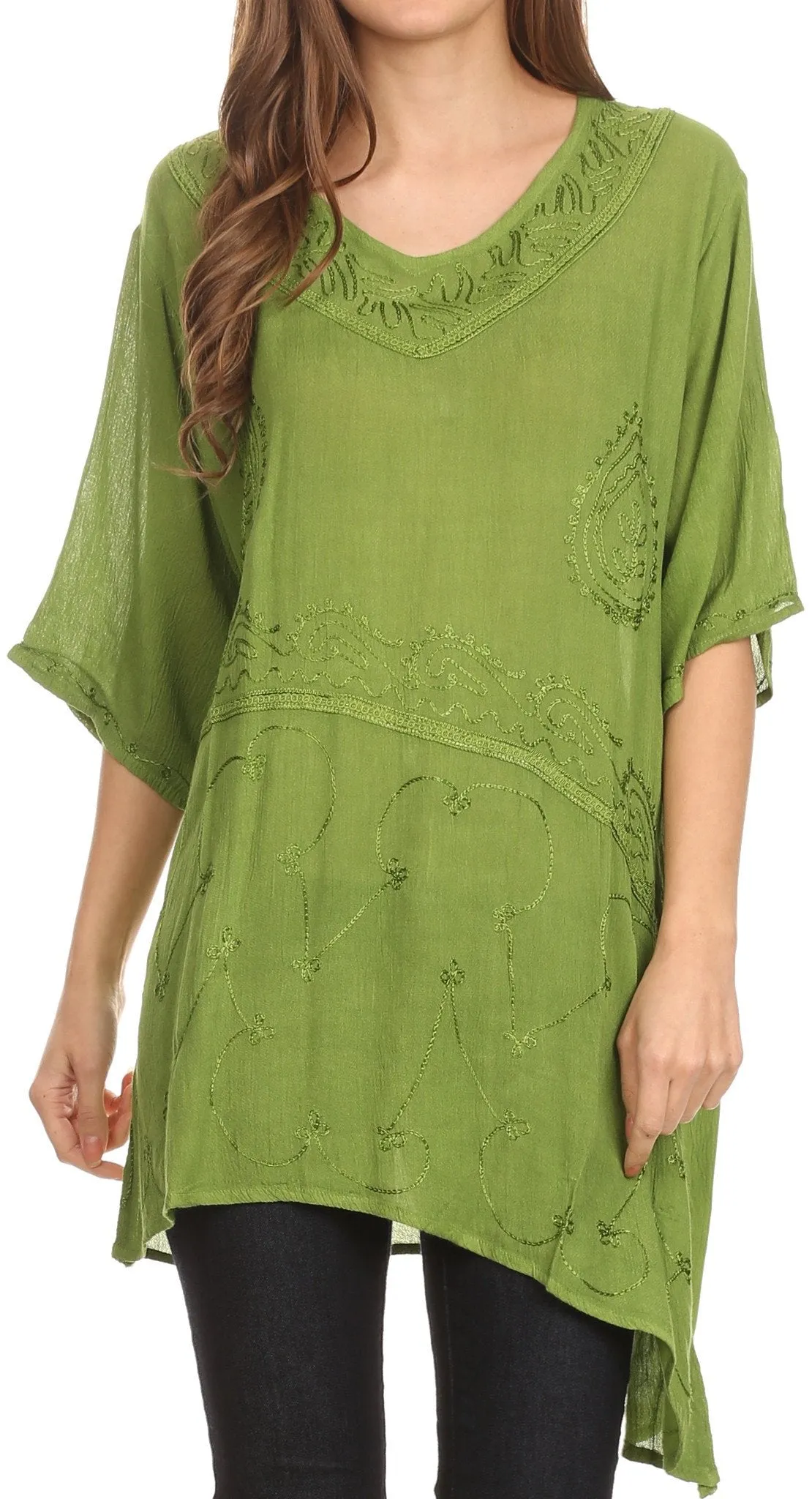 Sakkas Danta Lightweight Embroidered Asymmetrical Blouse With Mid Length Sleeve