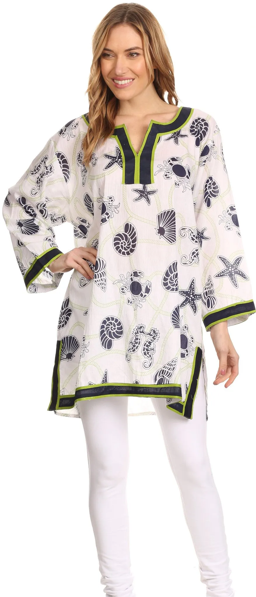 Sakkas Fawn Tunic Blouse Top With Printed Pattern And Multi Toned Trims