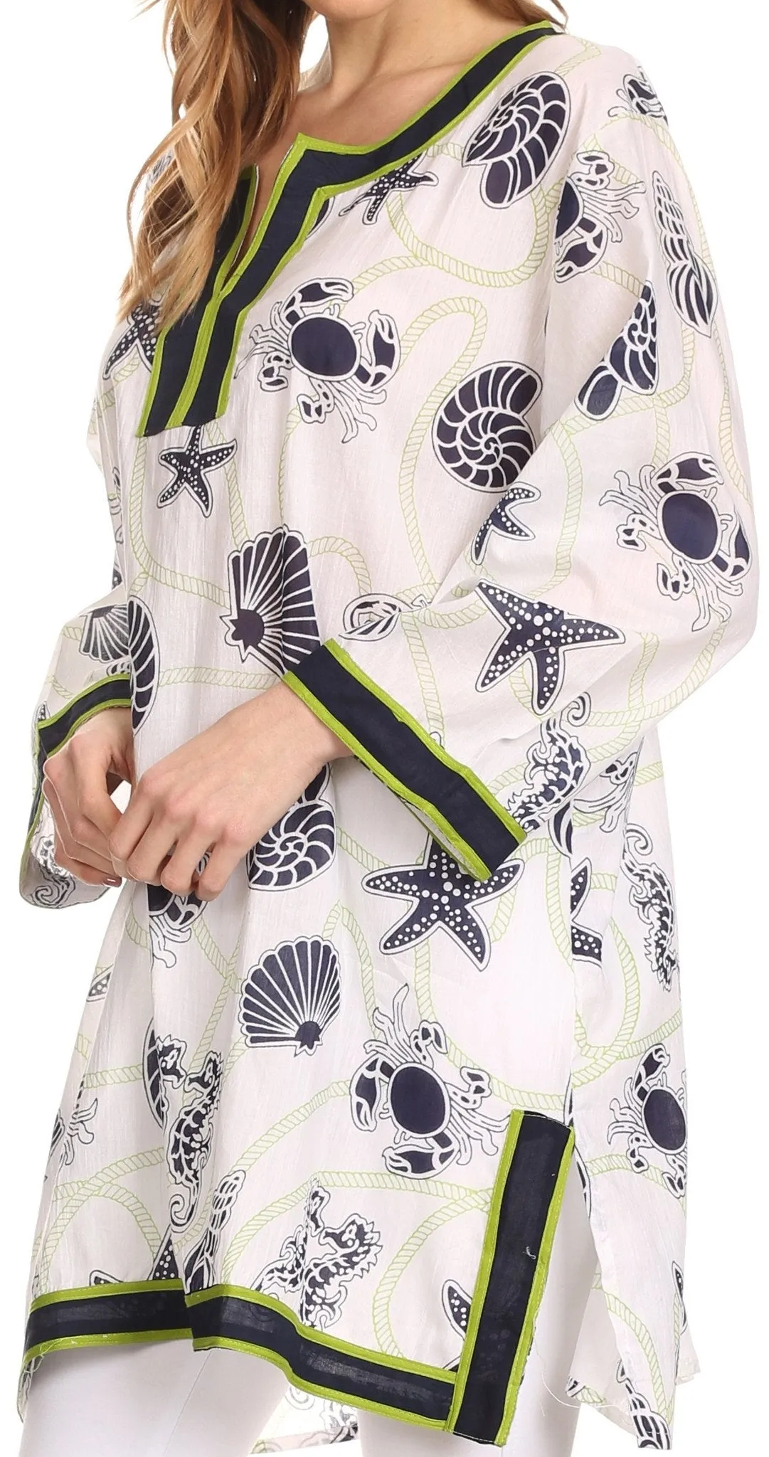 Sakkas Fawn Tunic Blouse Top With Printed Pattern And Multi Toned Trims