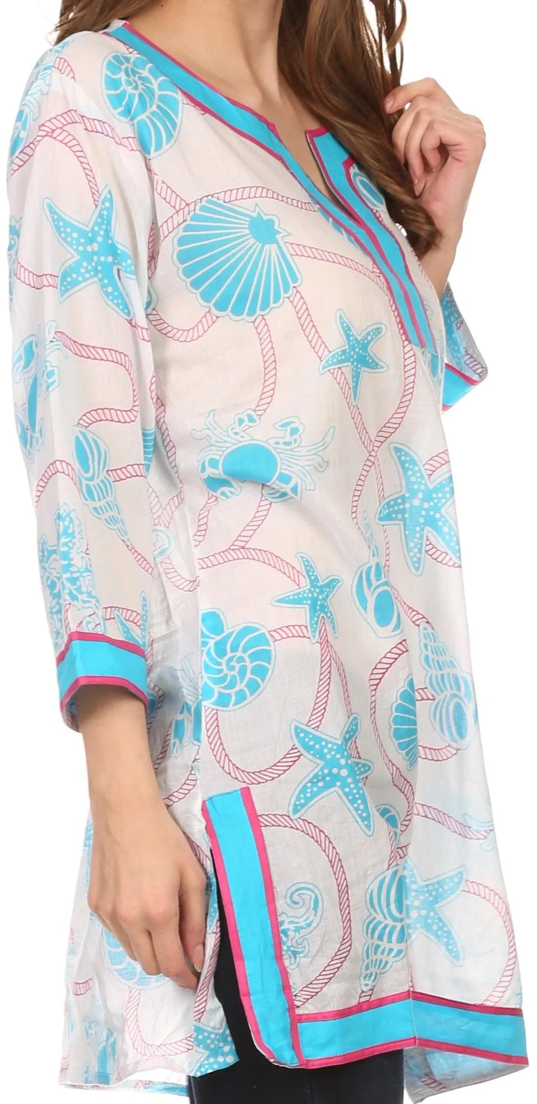 Sakkas Fawn Tunic Blouse Top With Printed Pattern And Multi Toned Trims