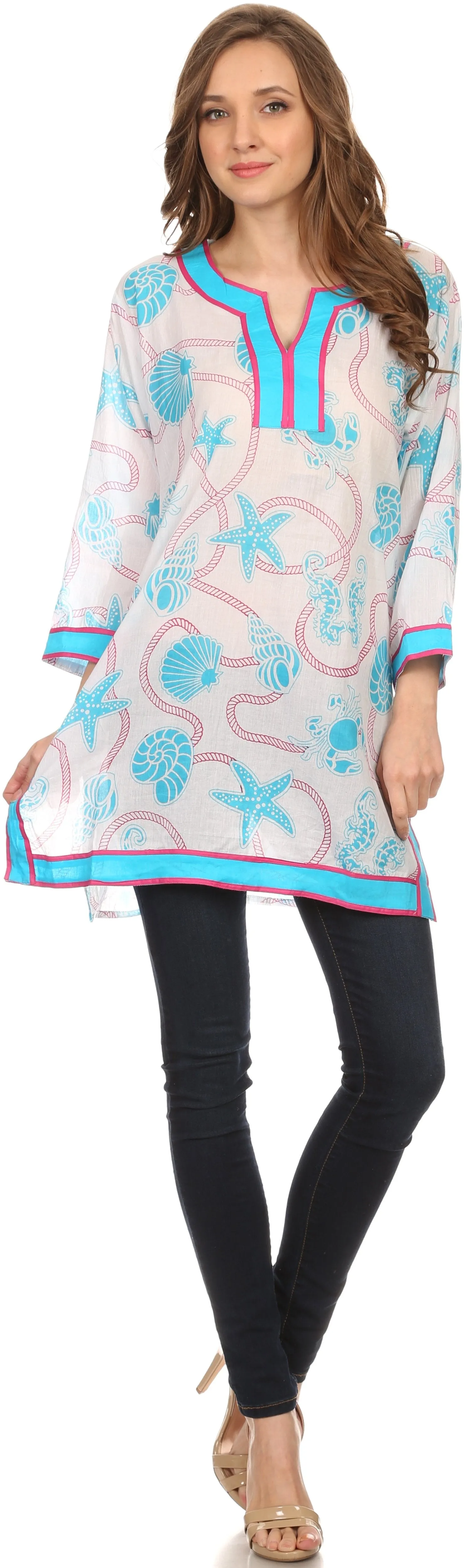 Sakkas Fawn Tunic Blouse Top With Printed Pattern And Multi Toned Trims