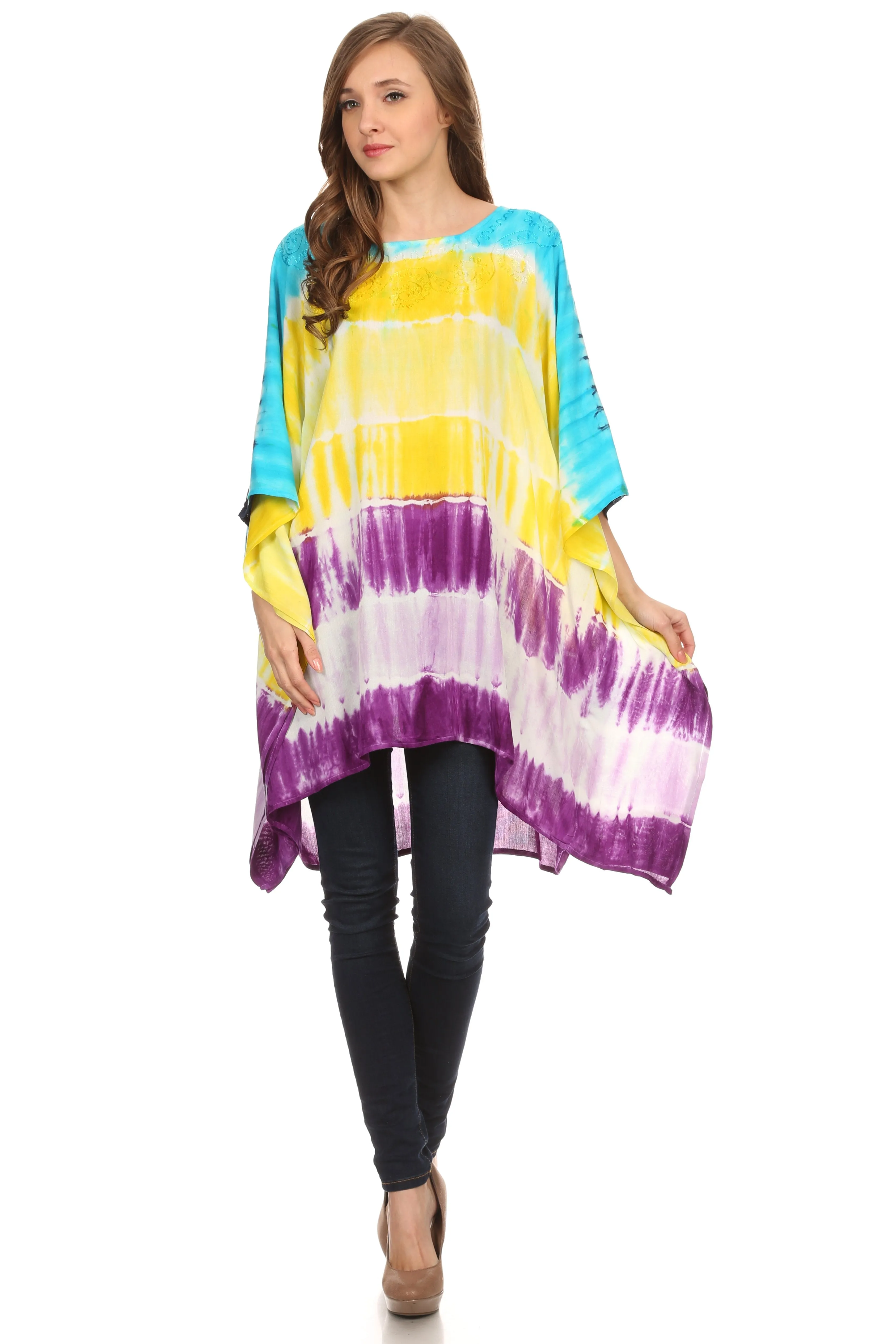 Sakkas Kalinda Embroidered Tie Dye Loose Fit Caftan Poncho Tunic Top / Cover-Up