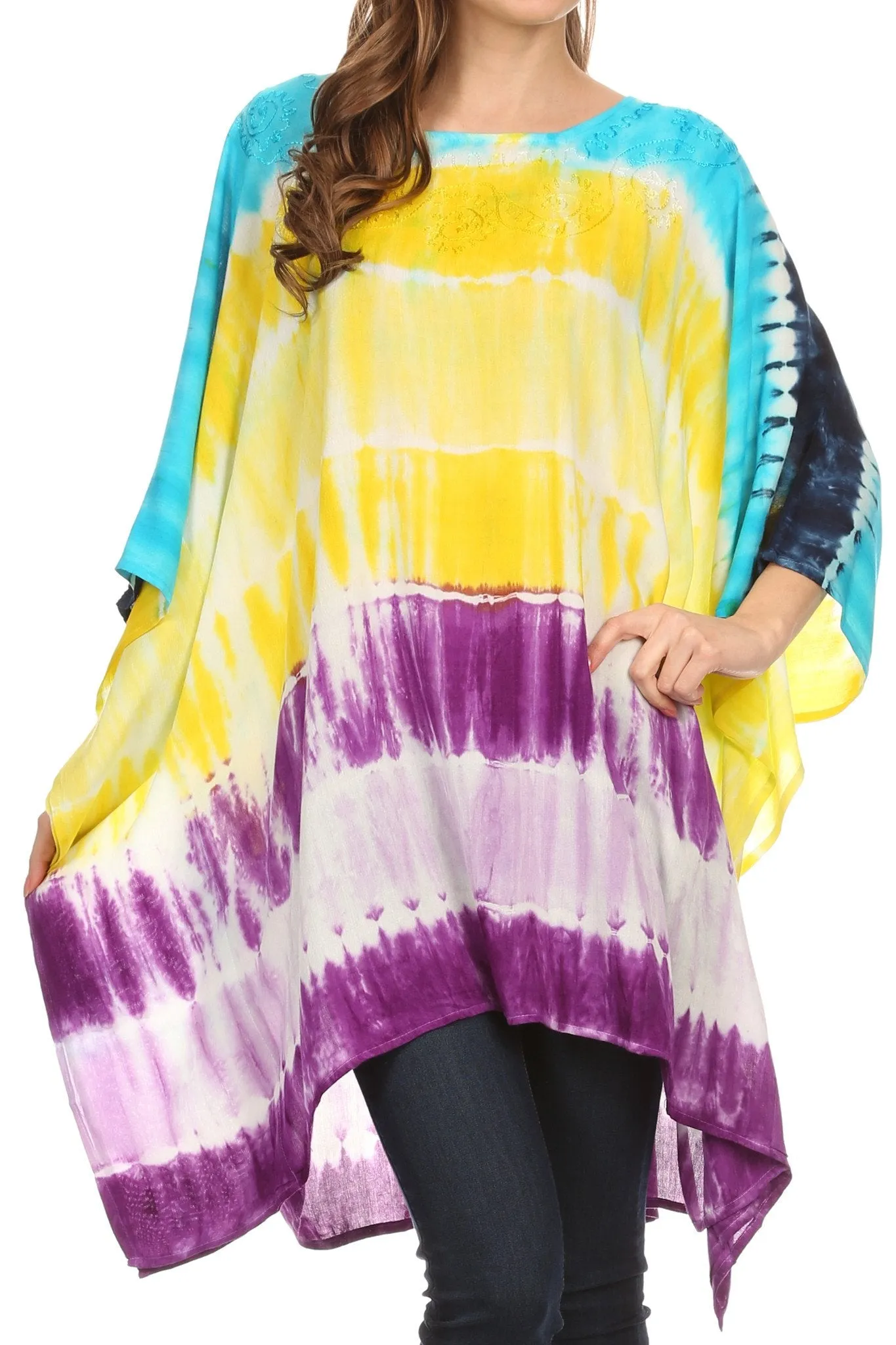 Sakkas Kalinda Embroidered Tie Dye Loose Fit Caftan Poncho Tunic Top / Cover-Up