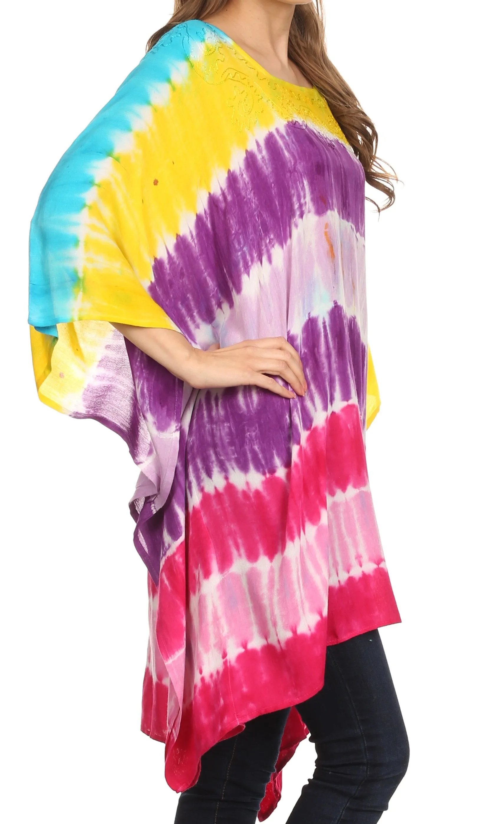 Sakkas Kalinda Embroidered Tie Dye Loose Fit Caftan Poncho Tunic Top / Cover-Up