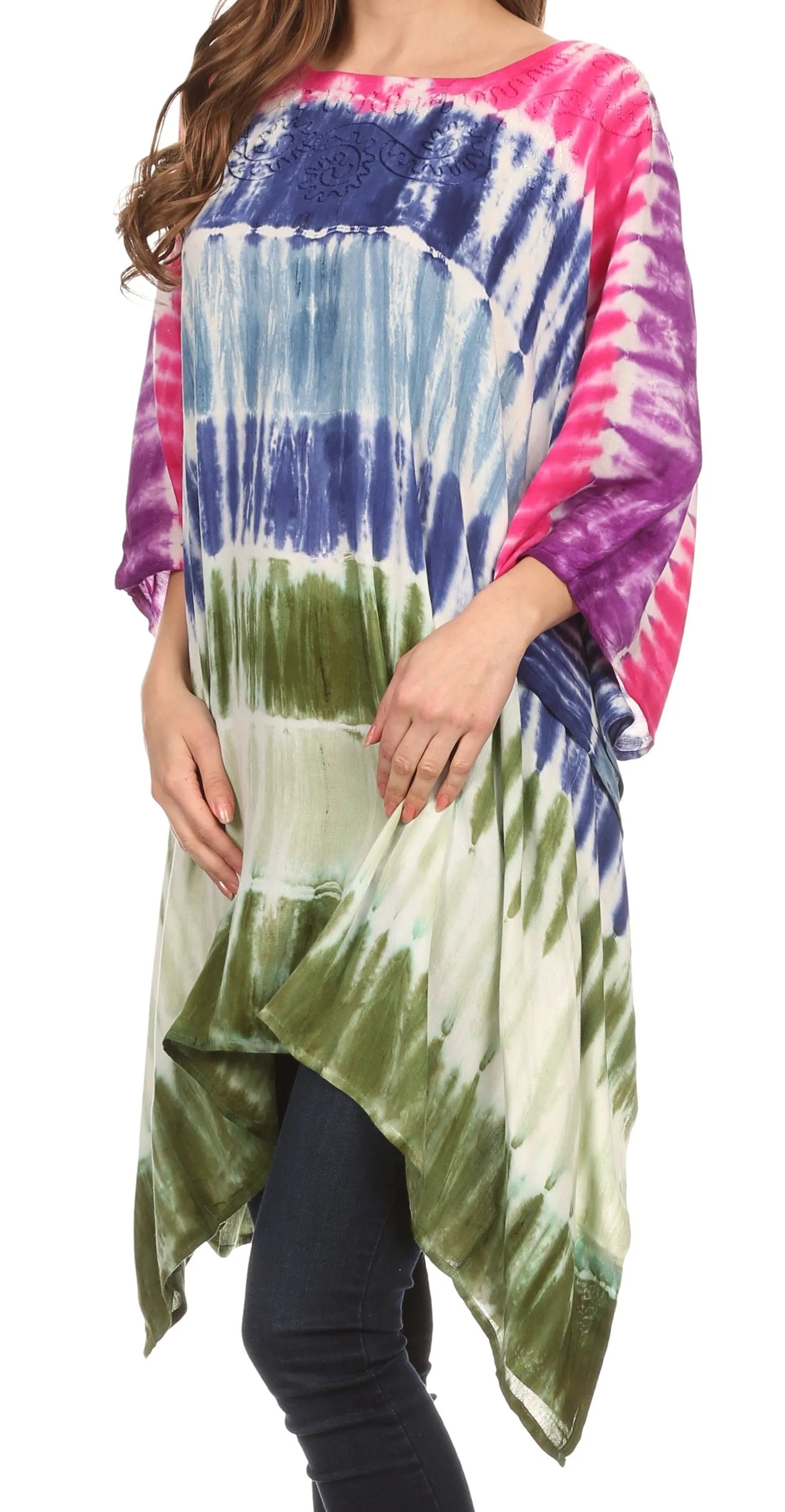 Sakkas Kalinda Embroidered Tie Dye Loose Fit Caftan Poncho Tunic Top / Cover-Up