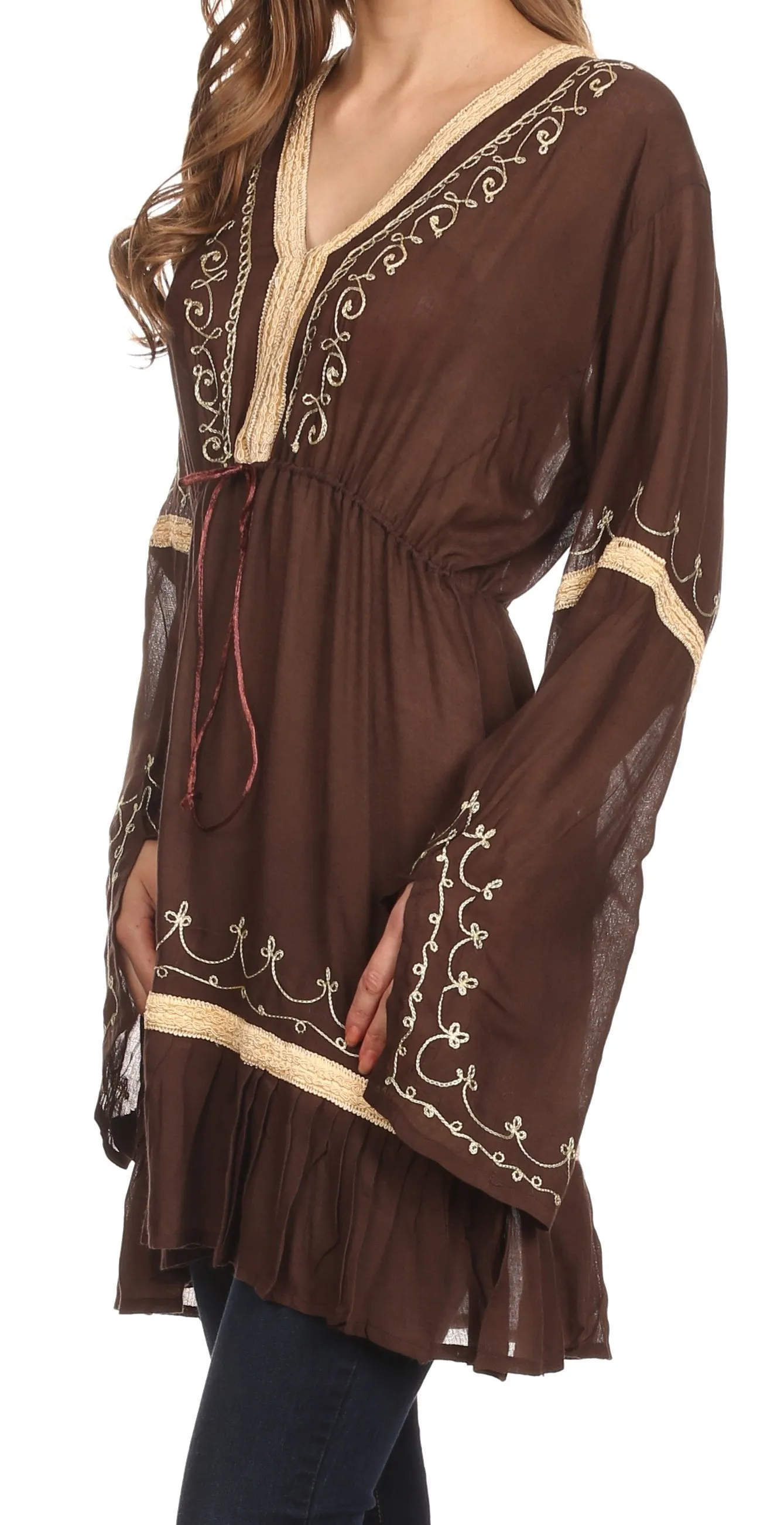 Sakkas Melina Embroidered V-Neck Kimono Sleeves Rayon Tunic Blouse / Cover-up